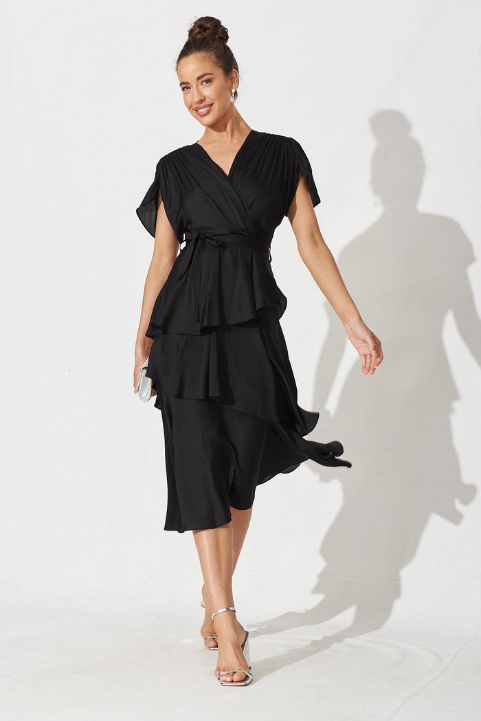Fenwick Midi Dress In Black Satin - full length