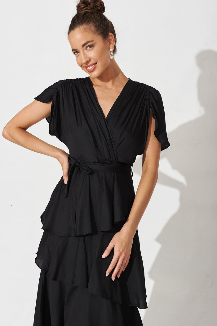 Fenwick Midi Dress In Black Satin - front