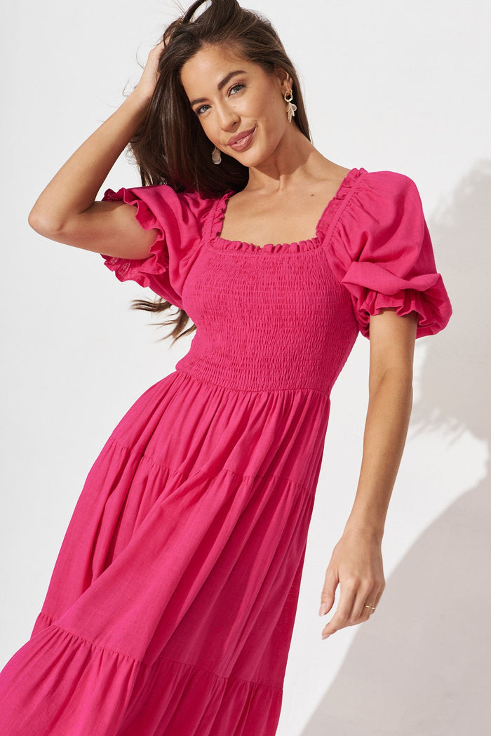 Leeds Midi Dress In Pink Linen Blend - front