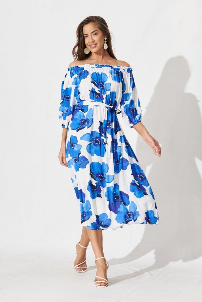 Bristol Midi Dress In White With Blue Floral - St Frock (Dev)