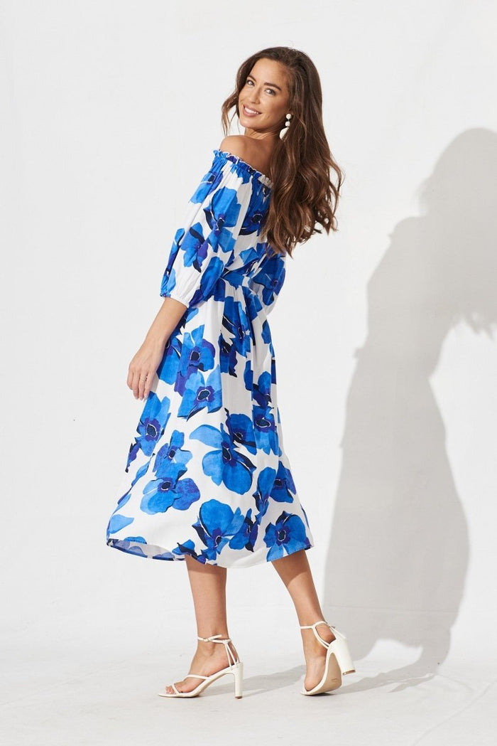 Bristol Midi Dress In White With Blue Floral - St Frock (Dev)