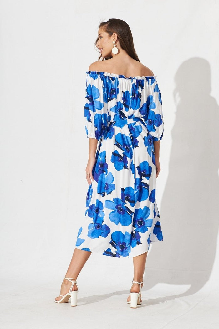Bristol Midi Dress In White With Blue Floral - St Frock (Dev)
