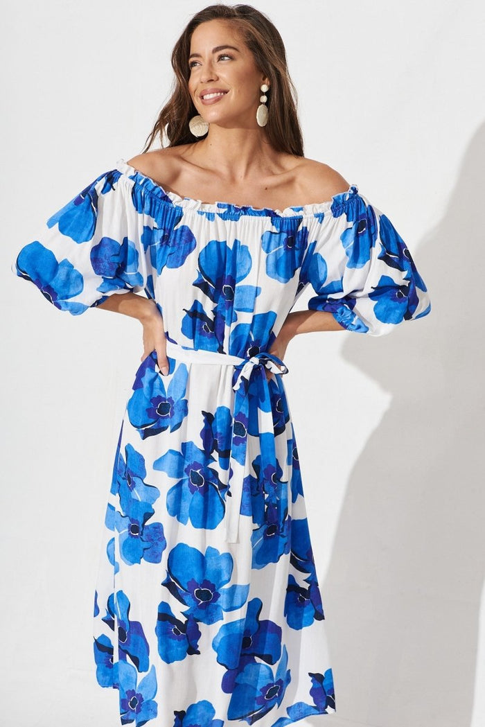 Bristol Midi Dress In White With Blue Floral - St Frock (Dev)