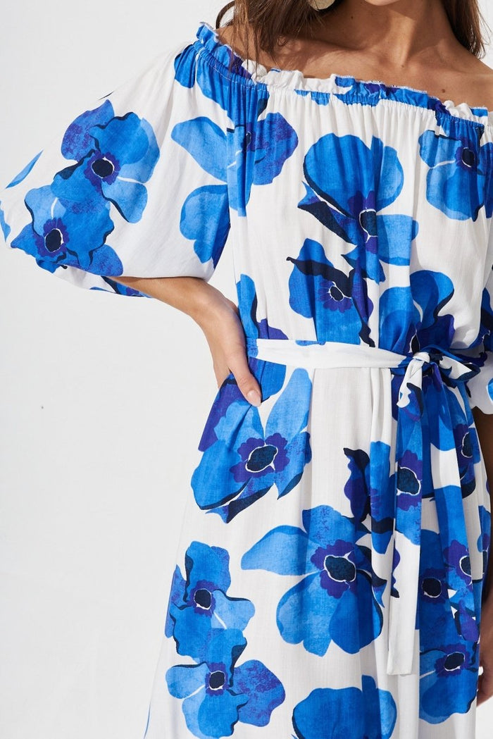Bristol Midi Dress In White With Blue Floral - St Frock (Dev)