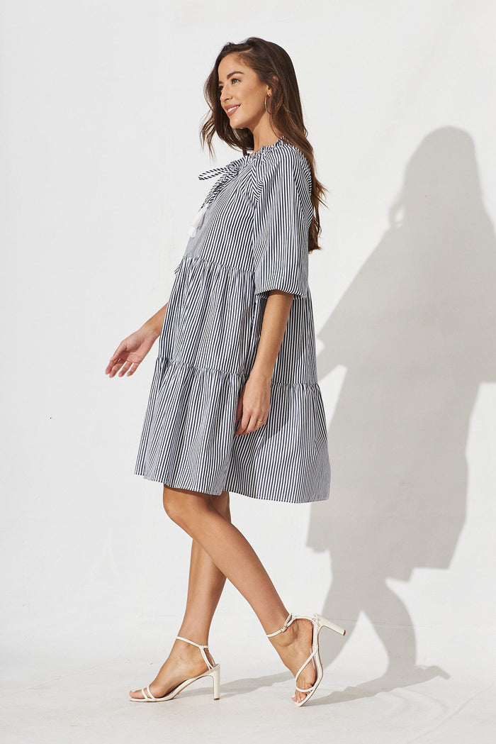 Sassari Midi Smock Dress In White With Black Stripe Cotton - side