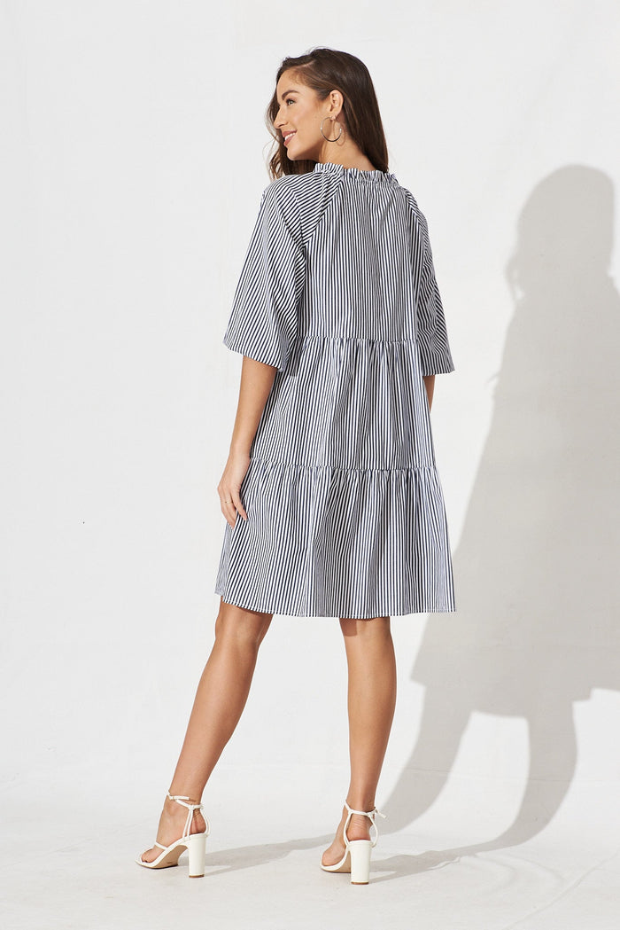 Sassari Midi Smock Dress In White With Black Stripe Cotton - back