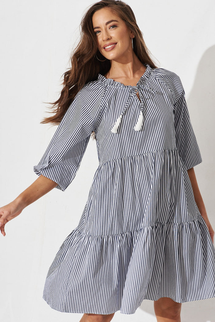 Sassari Midi Smock Dress In White With Black Stripe Cotton - front