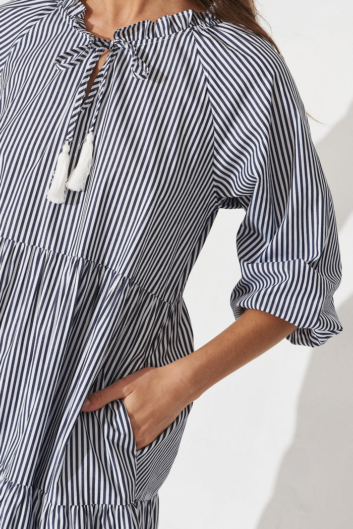 Sassari Midi Smock Dress In White With Black Stripe Cotton - detail