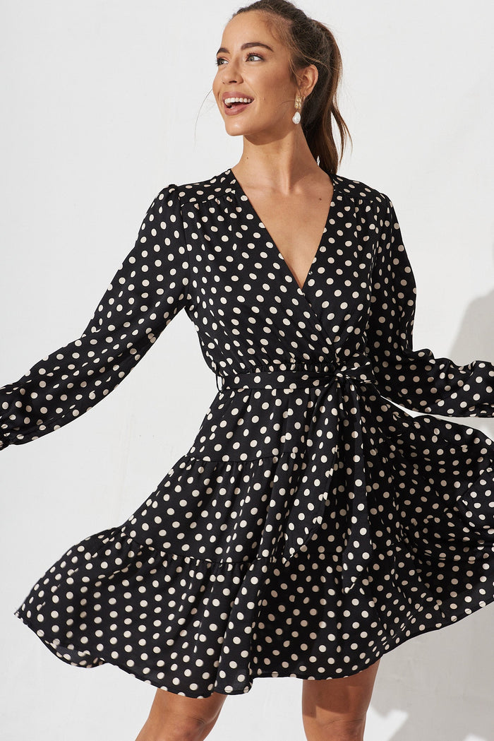 Jesta Midi Dress In Black With White Spot Satin - front