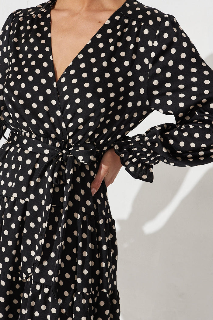 Jesta Midi Dress In Black With White Spot Satin - detail