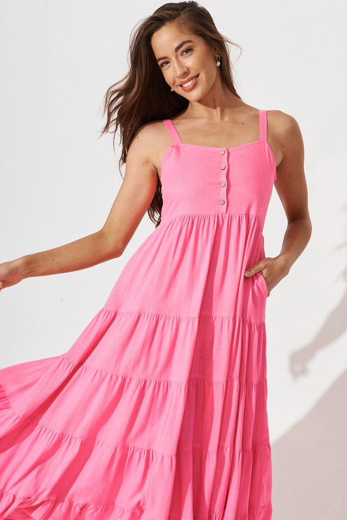 Velletri Midi Dress In Pink Linen Blend - front