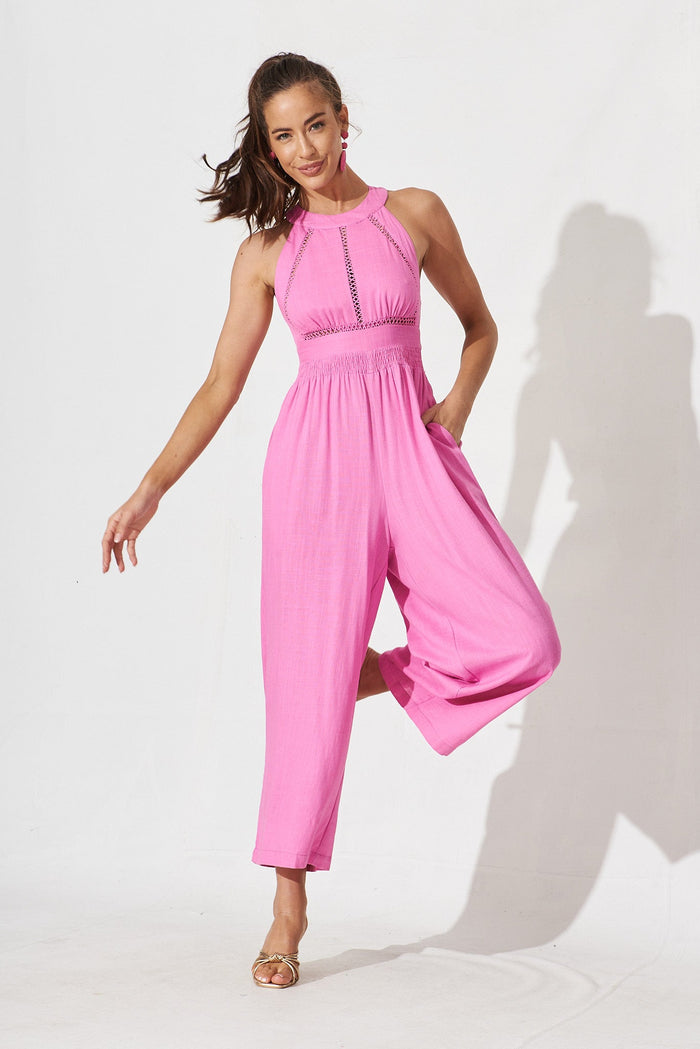  Vallo Jumpsuit In Pink Linen Blend - full length