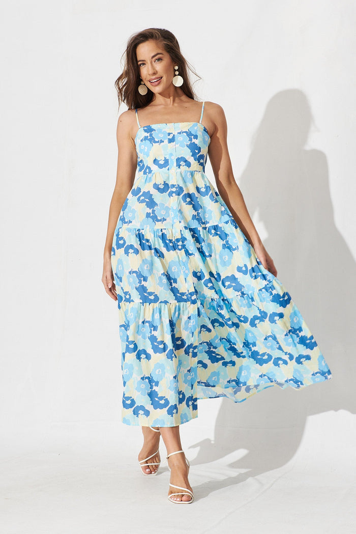Avellino Midi Dress In White With Blue Floral - full length