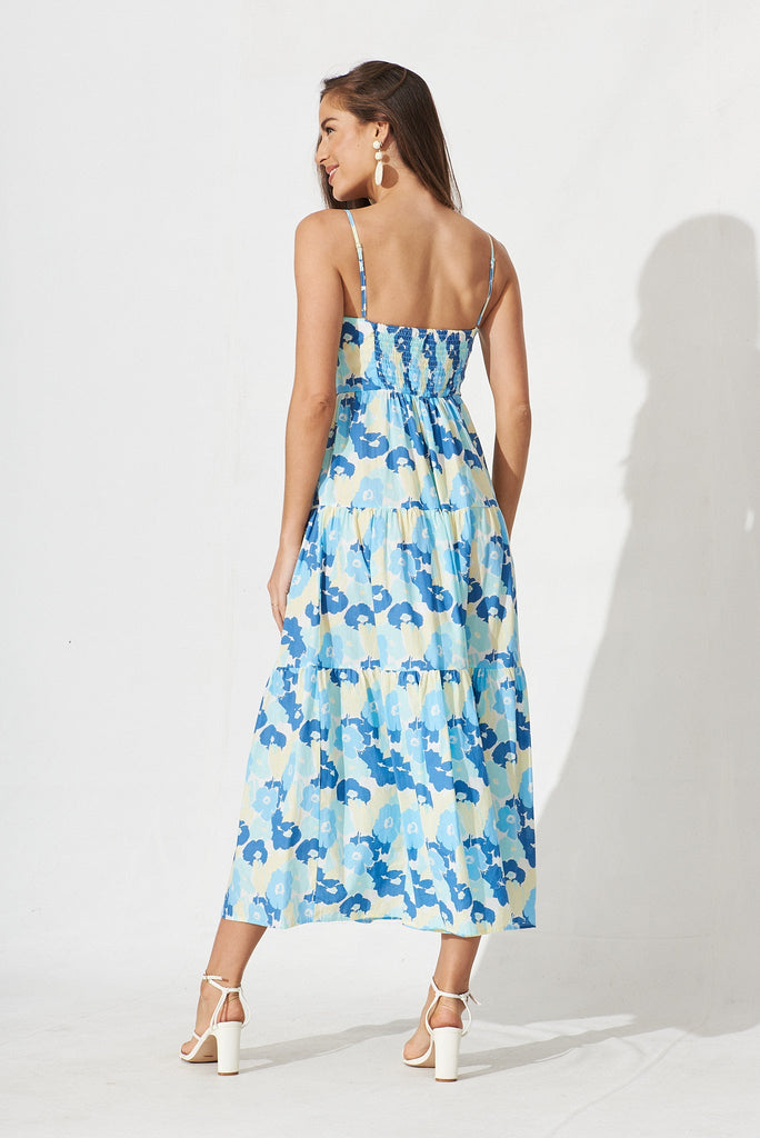 Avellino Midi Dress In White With Blue Floral - back