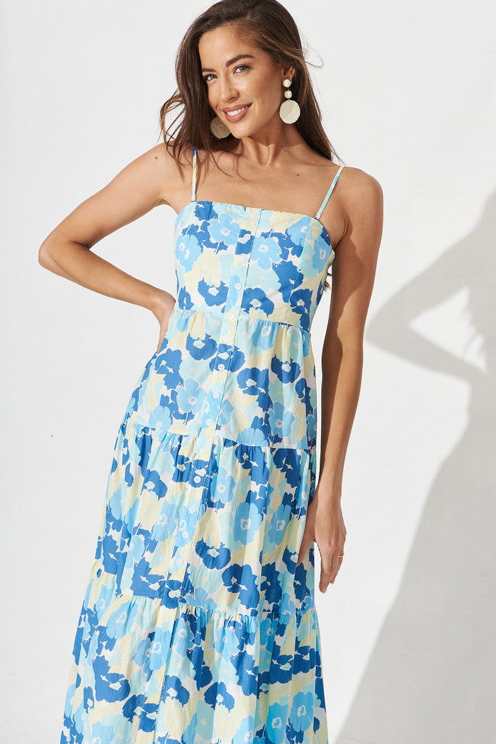 Avellino Midi Dress In White With Blue Floral - front