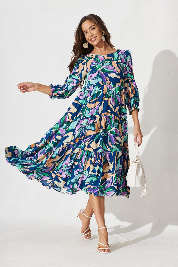 Aversa Midi Dress In Blue With Multi Floral - St Frock (Dev)