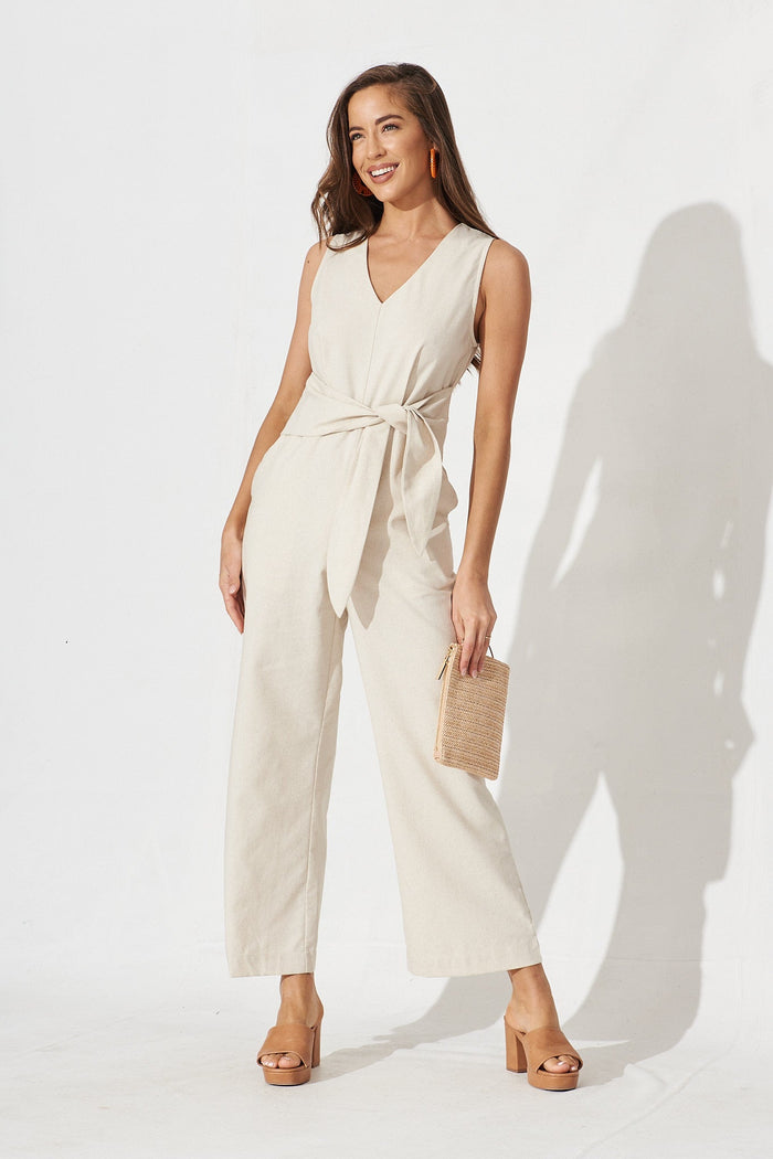 Pomezia Jumpsuit In Beige Linen - full length
