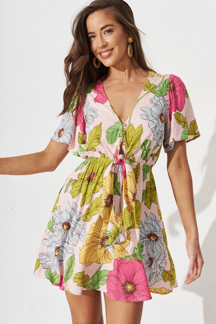 Matera Dress In Pink With Yellow Floral - front