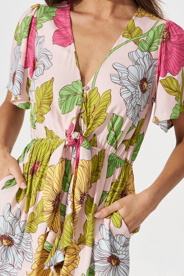 Matera Dress In Pink With Yellow Floral - detail