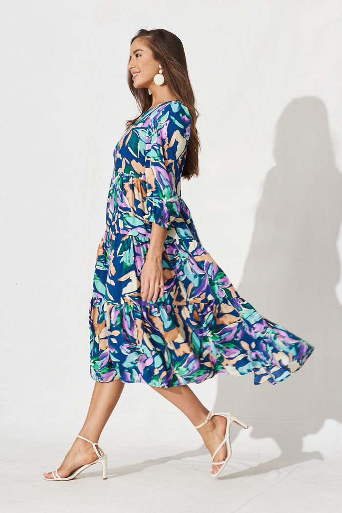 Aversa Midi Dress In Blue With Multi Floral - St Frock (Dev)