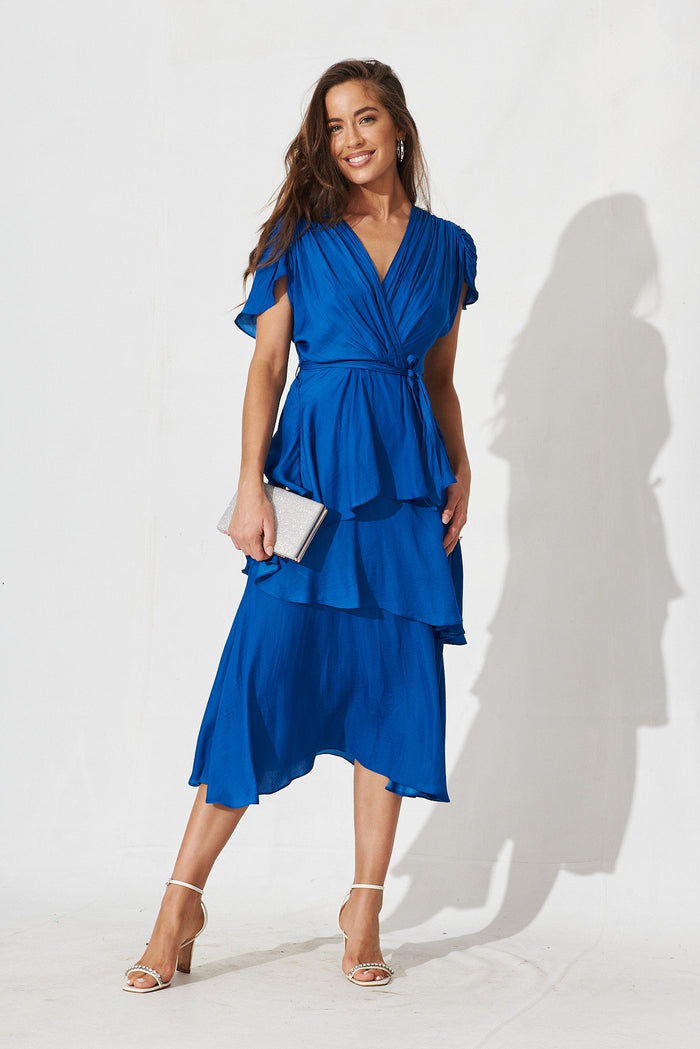 Fenwick Midi Dress In Blue Satin - full length