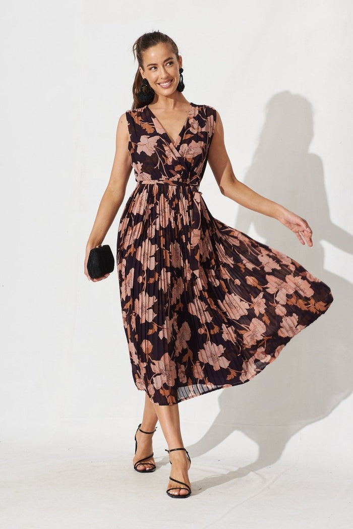Cherla Midi Dress In Navy Blush Floral Chiffon - St Frock (Dev)