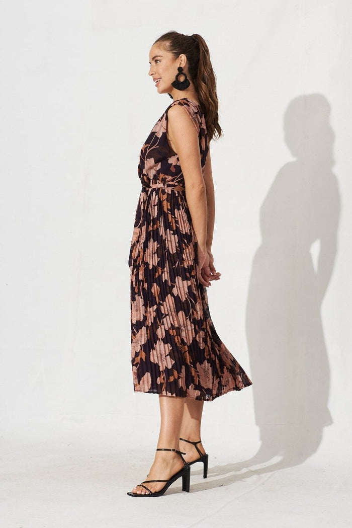 Cherla Midi Dress In Navy Blush Floral Chiffon - St Frock (Dev)