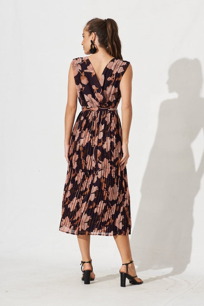 Cherla Midi Dress In Navy Blush Floral Chiffon - St Frock (Dev)