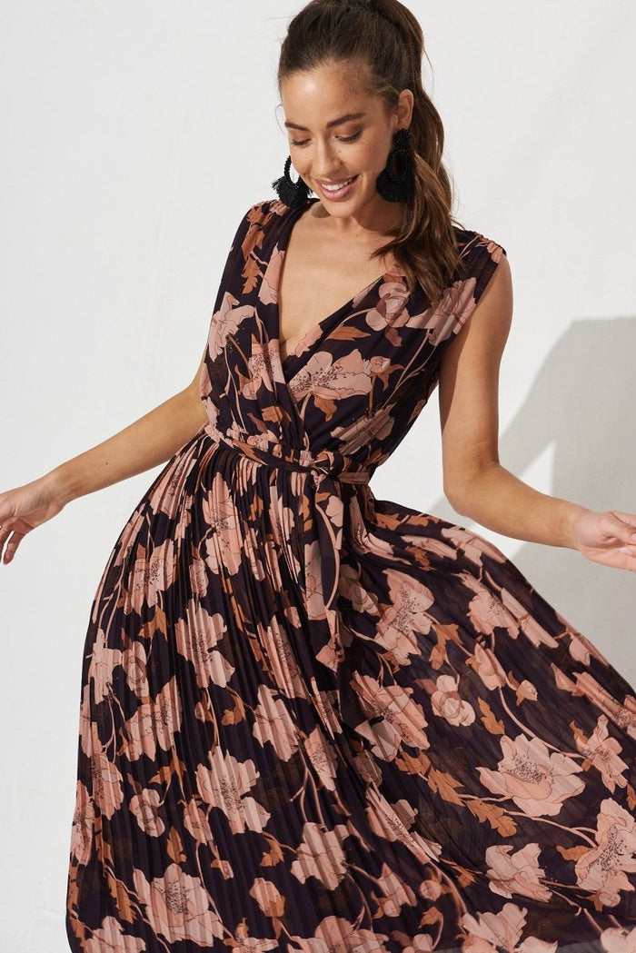 Cherla Midi Dress In Navy Blush Floral Chiffon - St Frock (Dev)