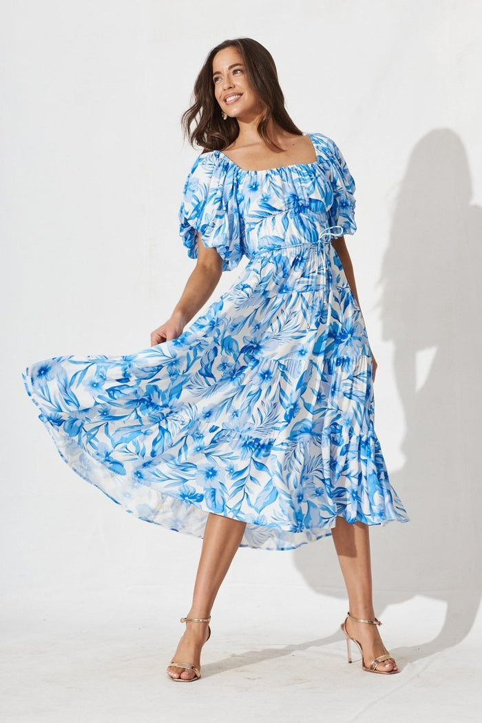 Canterbury Midi Dress In White And Blue Floral - St Frock (Dev)
