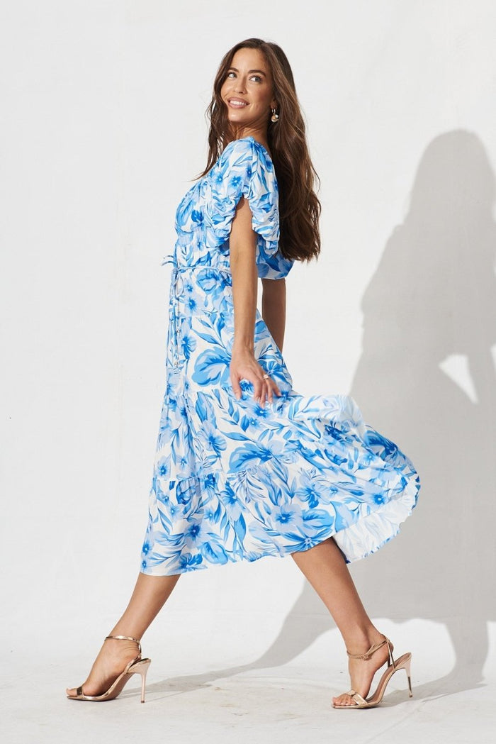 Canterbury Midi Dress In White And Blue Floral - St Frock (Dev)