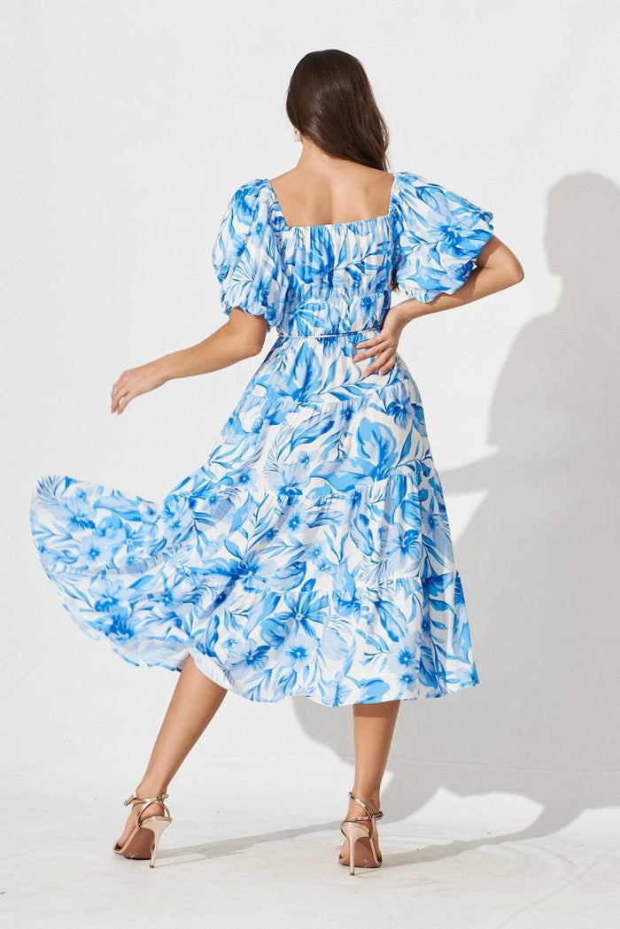 Canterbury Midi Dress In White And Blue Floral - St Frock (Dev)