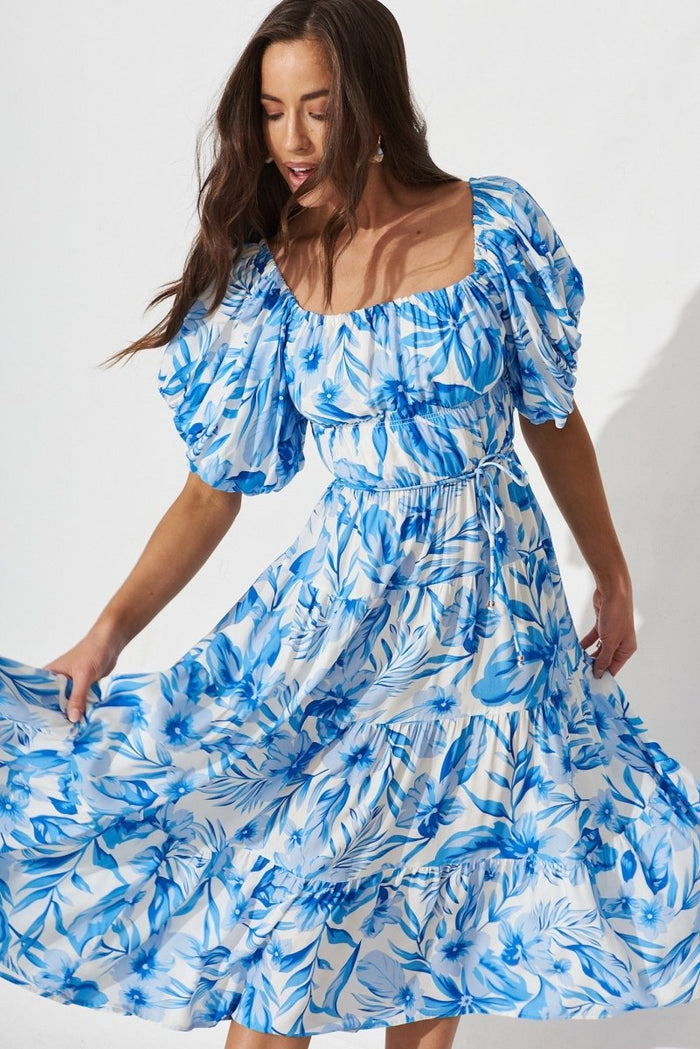 Canterbury Midi Dress In White And Blue Floral - St Frock (Dev)