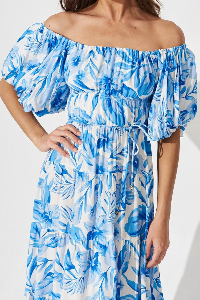 Canterbury Midi Dress In White And Blue Floral - St Frock (Dev)