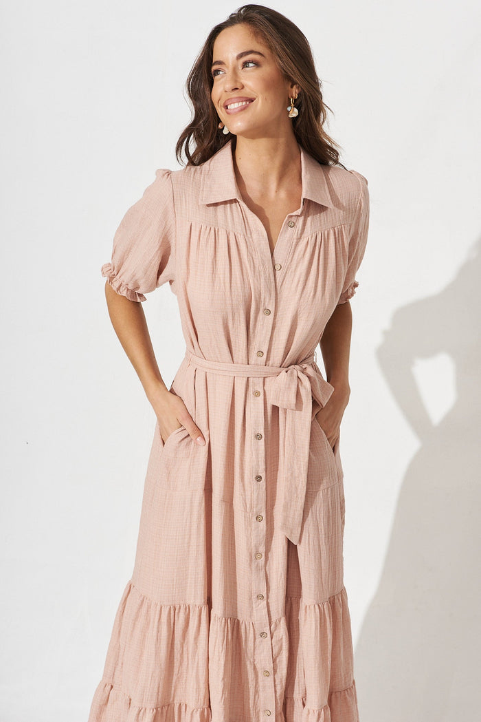 Coventry Maxi Shirt Dress In Beige - front