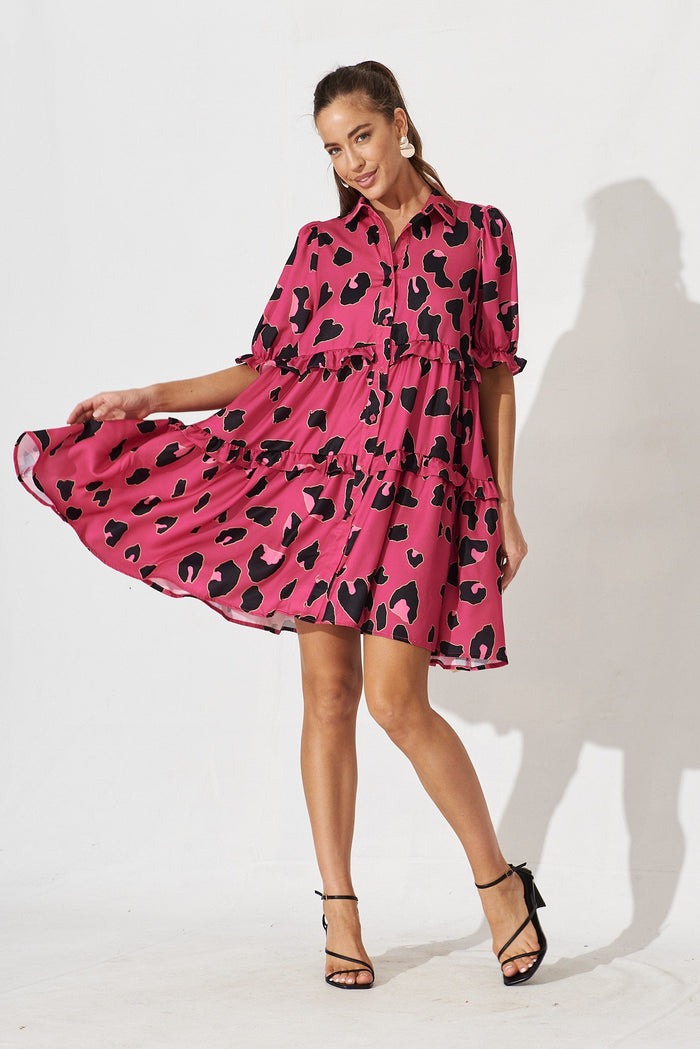 Salisbury Dress In Pink With Black Leopard Print - full length