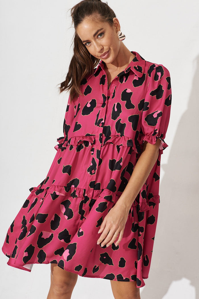Salisbury Dress In Pink With Black Leopard Print - front