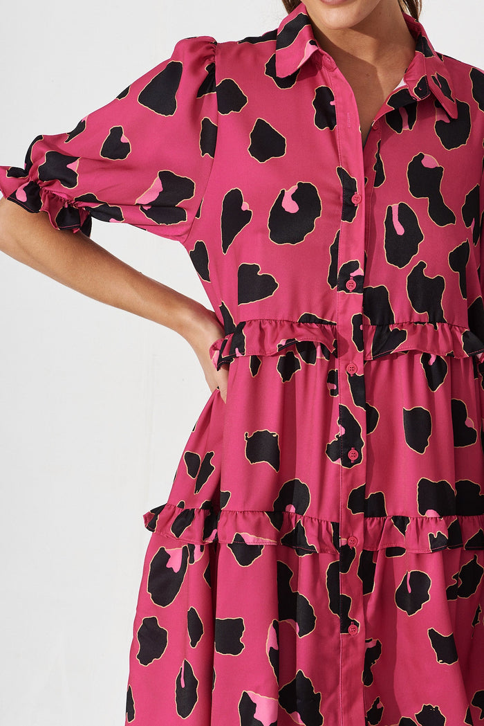 Salisbury Dress In Pink With Black Leopard Print - detail