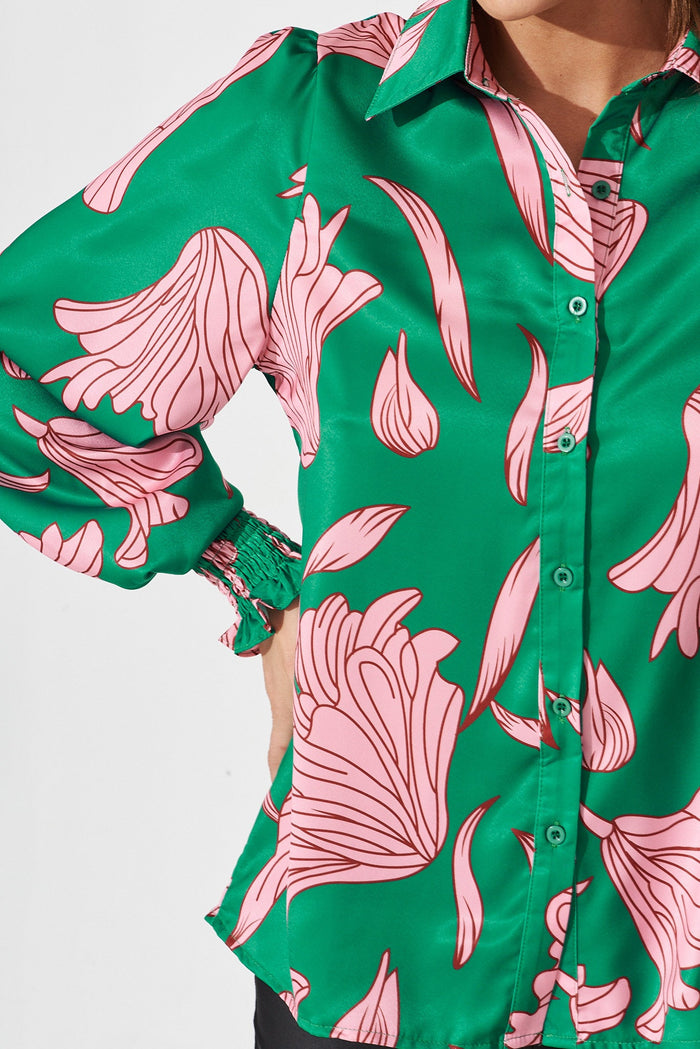 Peterborough Shirt In Green With Pink Floral - detail
