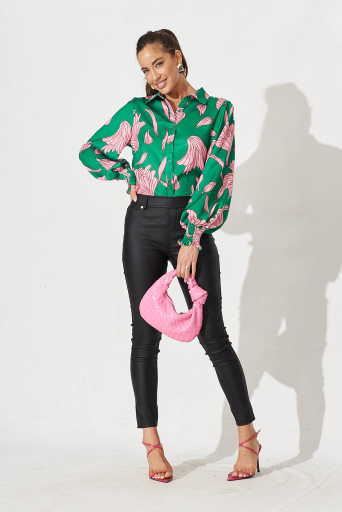 Peterborough Shirt In Green With Pink Floral - full length