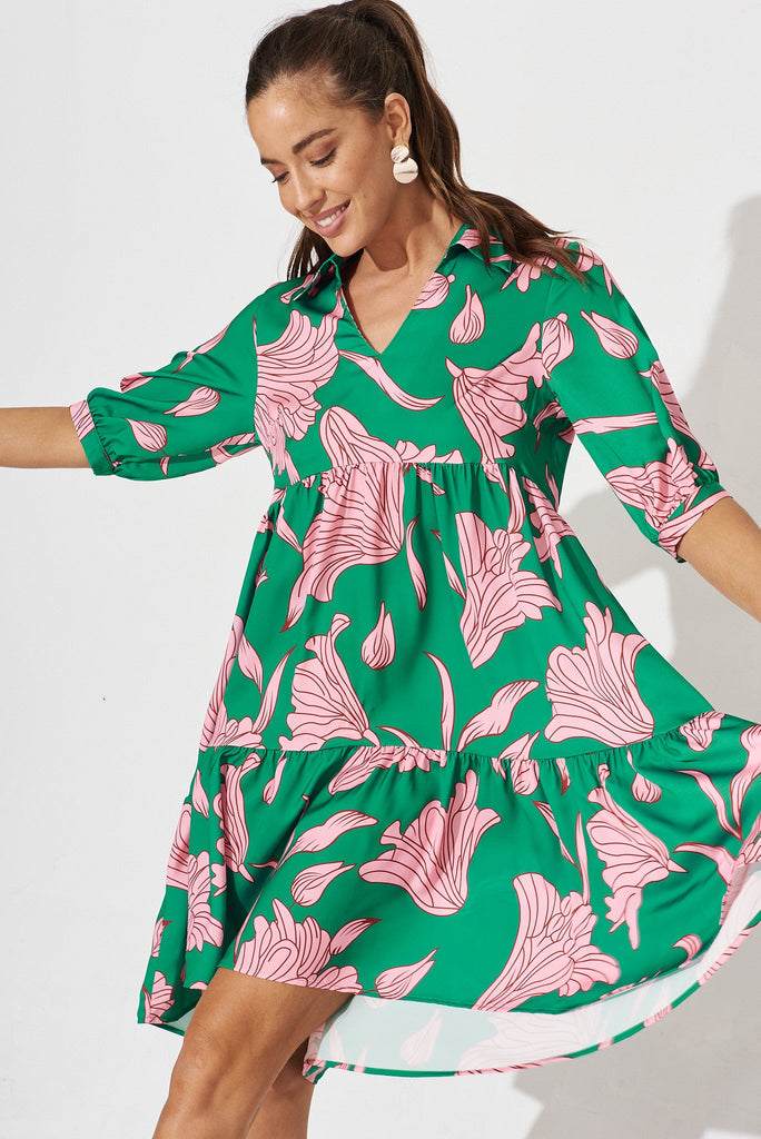 Tamira Smock Dress In Green With Pink Floral - front