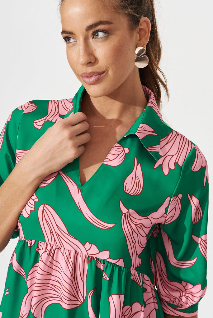 Tamira Smock Dress In Green With Pink Floral - detail