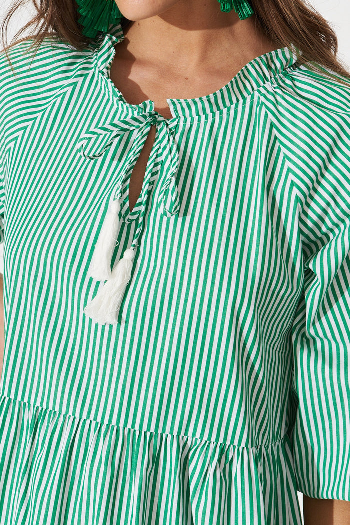 Sassari Midi Smock Dress In White With Green Stripe Cotton - detail