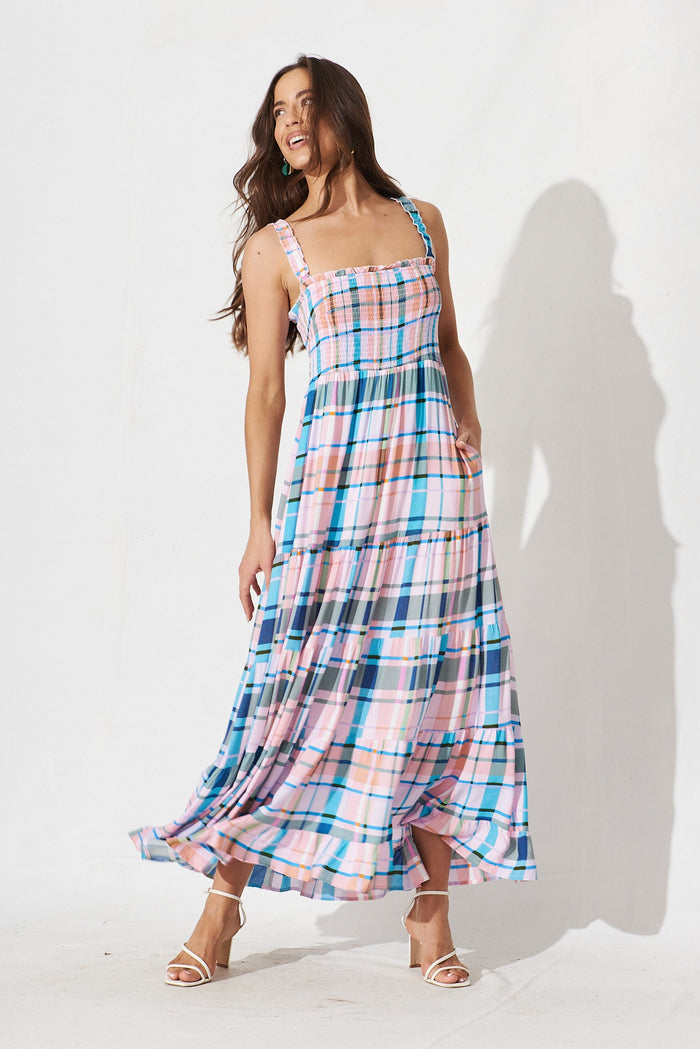 Marano Maxi Dress In Blue With Orange Multi Check - full length