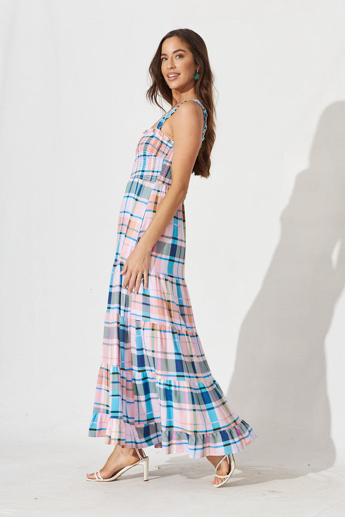 Marano Maxi Dress In Blue With Orange Multi Check - side