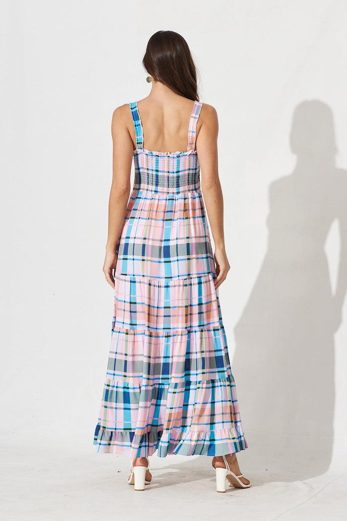 Marano Maxi Dress In Blue With Orange Multi Check - back