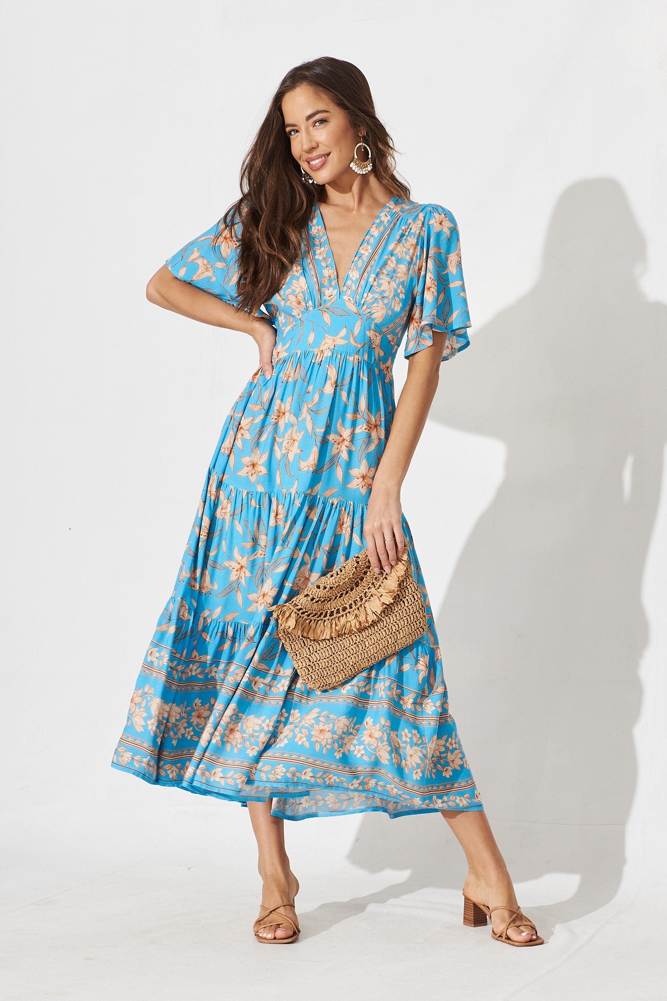 Manila Maxi Dress In Blue With Beige Boho Floral - full length