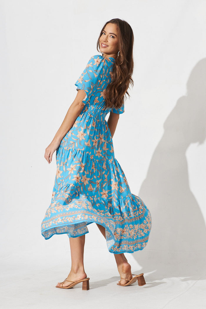 Manila Maxi Dress In Blue With Beige Boho Floral - side