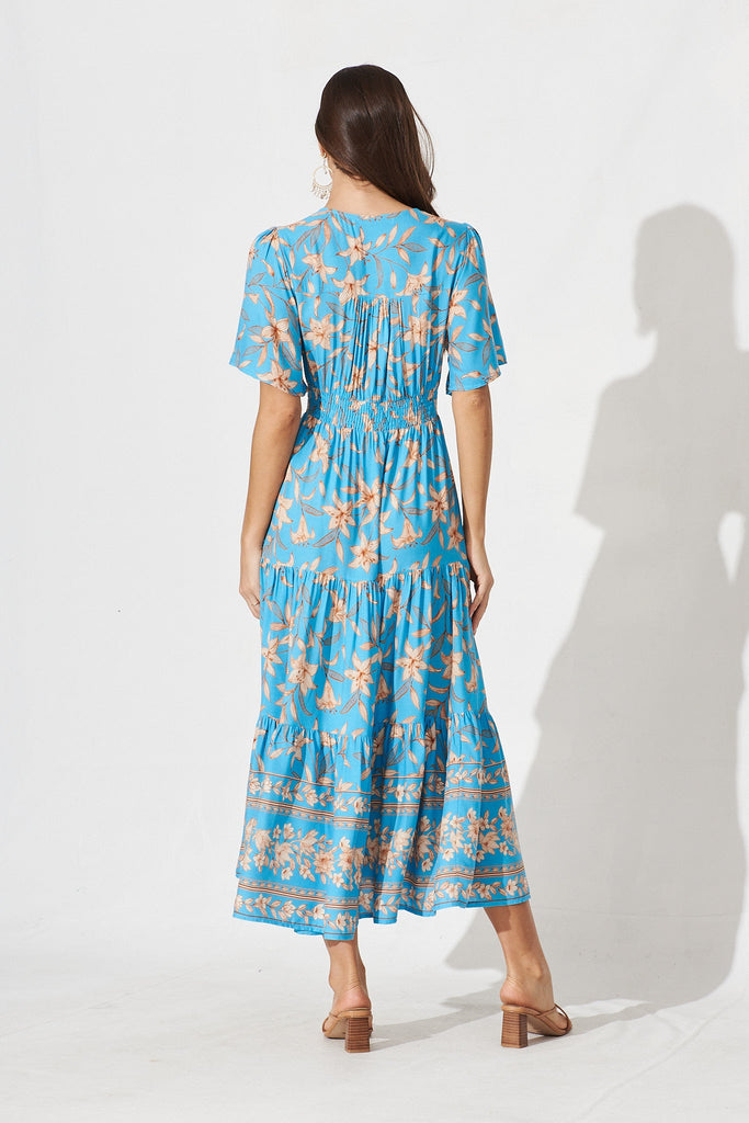 Manila Maxi Dress In Blue With Beige Boho Floral - back