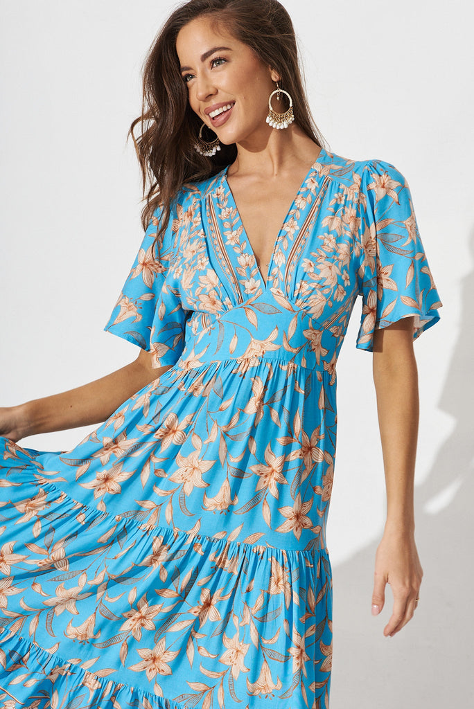Manila Maxi Dress In Blue With Beige Boho Floral - front